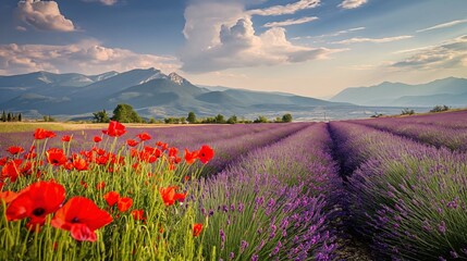 Levender and poppies on flower field