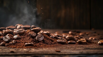 Coffee riot of coffee beans, coffee powder on dark wooden desk