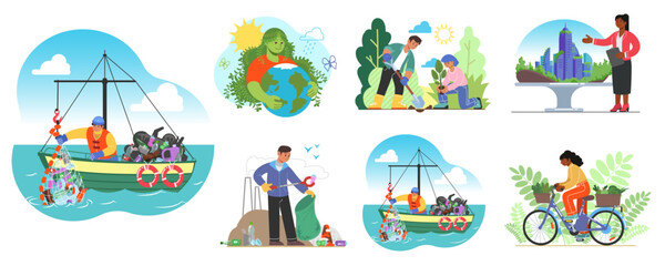 Naklejka premium Green life. Ecology save. Garbage recycle. Eco energy. Earth bio or ecosystem protection. Nature world power. Environment conservation. People planting trees and collecting trash. Vector concepts set