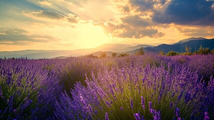 Wonderful scenery, amazing summer landscape of blooming lavender flowers, peaceful sunset view