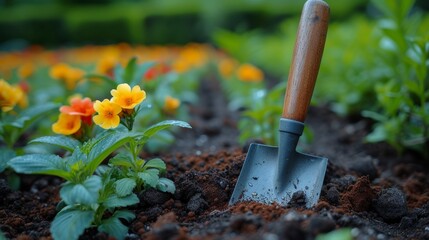 Gardener Using Tools in Blooming Garden Generative AI