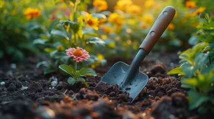 Gardener Using Tools in Blooming Garden Generative AI