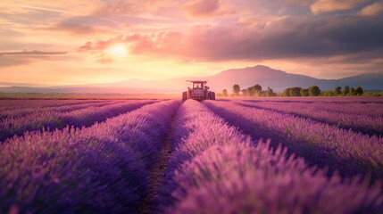 View of Tractor harvesting field of lavender. Beautiful nature background