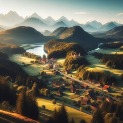 Illustration of Alpine scenery at sunset