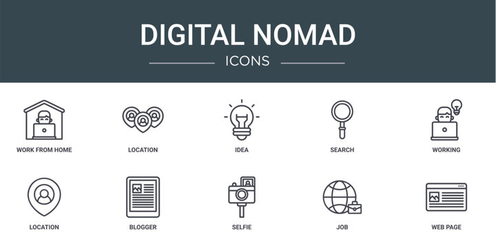 set of 10 outline web digital nomad icons such as work from home, location, idea, search, working, location, blogger vector icons for report, presentation, diagram, web design, mobile app