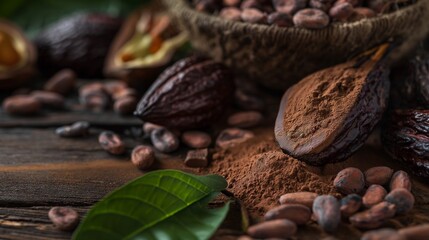 Composition with fresh cocoa fruits, beans, powder