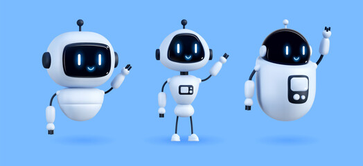 3d AI. Chat bot, robot artificial intelligence, chatbot icon, GPT symbol, customer service, support character face, human intelligence, cute happy mascot, space tech. Vector technology illustration