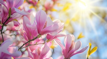 Magnolia tree blossom in springtime. Pink flowers