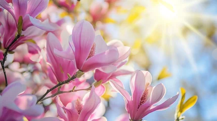 Gordijnen Magnolia tree blossom in springtime. Pink flowers © mirifadapt