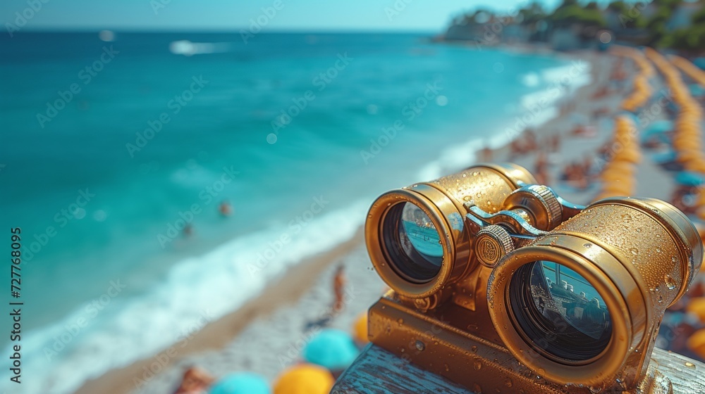 Aufkleber crowded beach scene with binoculars and ocean view generative ai