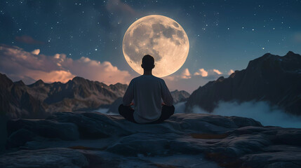 Silhouette behind of man meditation in sitting position on mountain rock with big moon and night sky background.