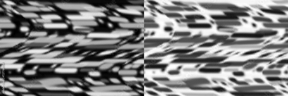 Poster set of monochrome wavy textures with ribbed horizontal segments. two abstract backgrounds in one. il