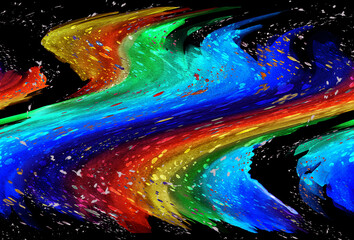 Wavy abstract colorful texture. Bright wavy lines and splashes on a black background. Illustration.