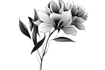 Black white flower isolated on white background. Abstract flower illustration. Flower on a white background. Black-and-white photo. Flower background.  Minimalistic monochrome botanical design.