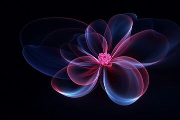 Neon blue pink transparent flower on a dark background. Design template. Abstract decoration. Abstraction.