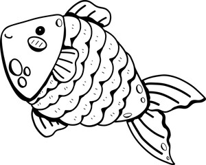 Hand drawn doodle fish. black line fishes in doodle ink style