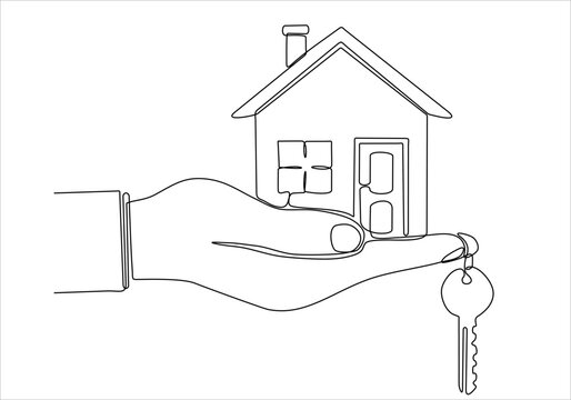 Drawing a continuous line of the house on the hand with the keys. The concept of building housing for young families.