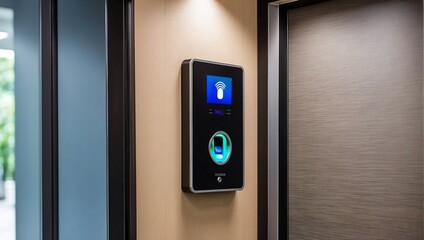 Finger print scan access control system machine on wall near entrance door luxury office.