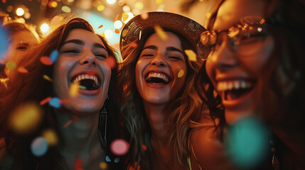 primo piano di ragazza felice , gruppo di amici che si divertono insieme, festa, risate, conversazione, bar, colori bianchi - obrazy, fototapety, plakaty