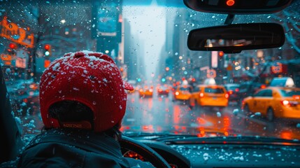 Urban Taxi Driver Focused on the Road with Cityscape and Traffic in the Background Generative AI - obrazy, fototapety, plakaty