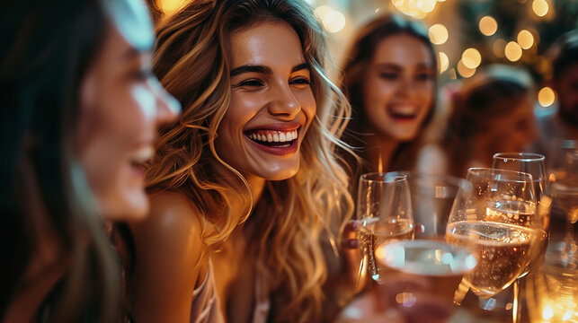 primo piano di ragazza felice , gruppo di amici che si divertono insieme, festa, risate, conversazione, bar, colori bianchi