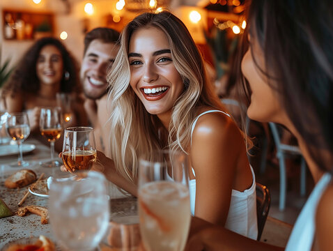 primo piano di ragazza felice , gruppo di amici che si divertono insieme, festa, risate, conversazione, bar, colori bianchi