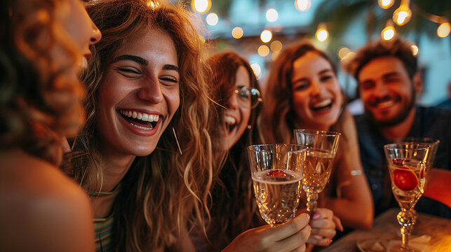 primo piano di ragazza felice , gruppo di amici che si divertono insieme, festa, risate, conversazione, bar, colori bianchi