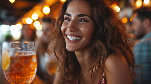 primo piano di ragazza felice , gruppo di amici che si divertono insieme, festa, risate, conversazione, bar, colori bianchi