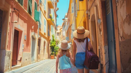 Abwaschbare Fototapete Enge Gasse A traveler and her child strolling on the narrow alleys of Nice, France. Family holiday idea.