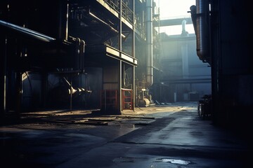 Factory, power plant - inside view. Part of the workspace in the rays of the setting sun