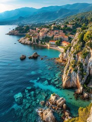 Bird's-eye view of the Mediterranean coastline of the C√¥te d'Azur featuring a historic town in France. - obrazy, fototapety, plakaty