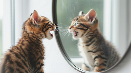 gattino che si guarda allo specchio e si sente come una tigre, concetto di sicurezza in se stessi o insicurezza