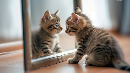 gattino che si guarda allo specchio timidamente ,  concetto di sicurezza in se stessi o insicurezza - obrazy, fototapety, plakaty