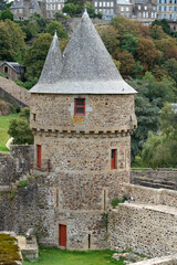 Fototapeta na wymiar stonework of an aged medieval castle, the Chateau de Fougeres, France