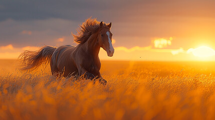 cavallo marrone  al galoppo attraverso un campo, criniera che soffia nel vento, libertà, potere, tramonto sullo sfondo.  spazio per testo - obrazy, fototapety, plakaty