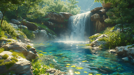 cascata impetuosa che si getta in una piscina naturale, acqua cristallina, rocce muschiose, vegetazione lussureggiante,  - obrazy, fototapety, plakaty