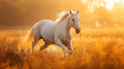 cavallo bianco al galoppo attraverso un campo, criniera che soffia nel vento, libertà, potere, tramonto sullo sfondo.  spazio per testo