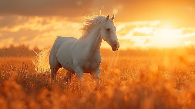 cavallo bianco al galoppo attraverso un campo, criniera che soffia nel vento, libertà, potere, tramonto sullo sfondo.  spazio per testo