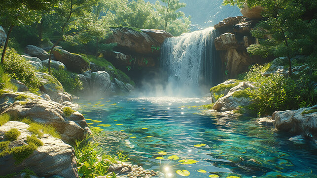 cascata impetuosa che si getta in una piscina naturale, acqua cristallina, rocce muschiose, vegetazione lussureggiante, 