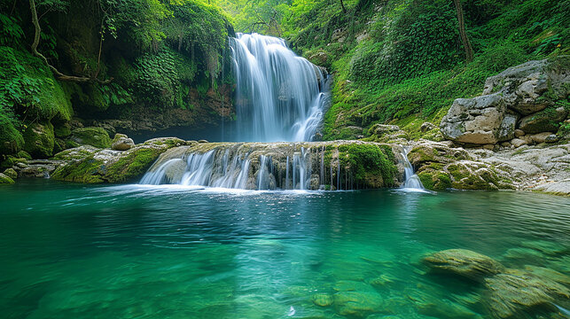 cascata impetuosa che si getta in una piscina naturale, acqua cristallina, rocce muschiose, vegetazione lussureggiante, 
