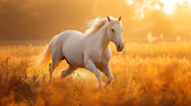 cavallo bianco al galoppo attraverso un campo, criniera che soffia nel vento, libert&agrave;, potere, tramonto sullo sfondo.  spazio per testo