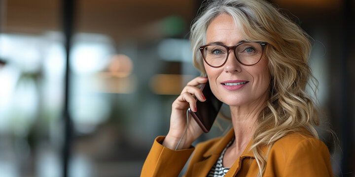 imprenditrice di successo, donna d'affari di mezza età sicura di sé che parla al telefono, in un ufficio, professionale, spazio per testo, 