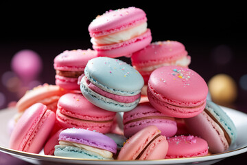Fototapeta na wymiar A close-up of colorful macarons. Pink and blue dominate. Ideal for dessert menu or bakery advertisement. Copy space available.