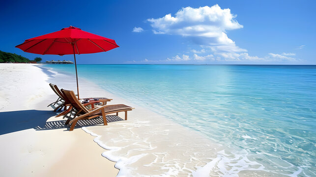A clear water beach with a red umbrella and two sun loungers