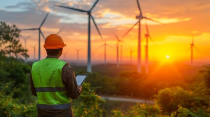 Engineer holding digital tablet inspecting wind turbines