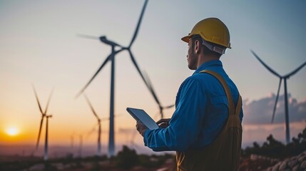 Engineer holding digital tablet inspecting wind turbines
