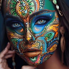 Fototapeta premium Creative female face painting by a real makeup artist. Using bright colors on a beautiful woman. Make-up Generative AI