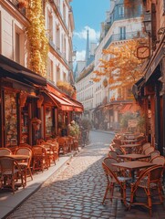 Quaint Parisian street with cafe patios, iconic architecture and landmarks, and a charming city view. - obrazy, fototapety, plakaty