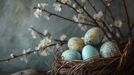 Festive Easter display featuring colorful eggs in a basket surrounded by willow branches. Perfect for a holiday greeting card.