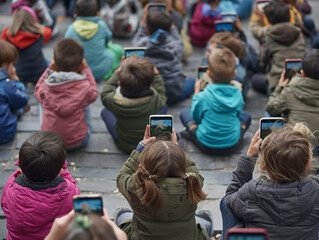 Crowd of children with smartphone who look at mobile phones. gadget addiction concept